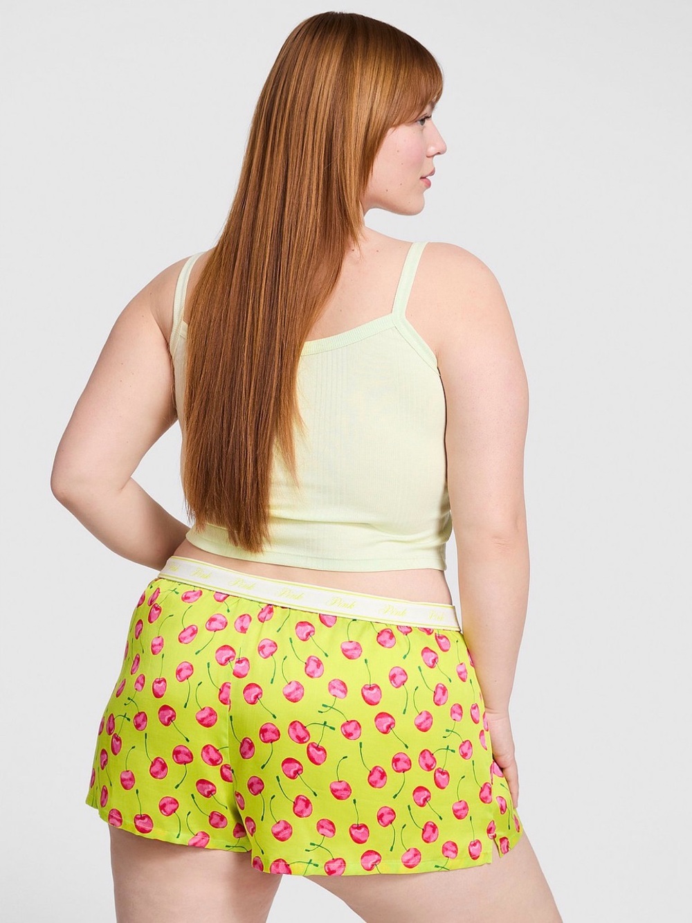 PINK Victoria's Secret Light Green/Lime Cherry-Print Silky Boxy Sleep Shorts - Picture 2 of 5